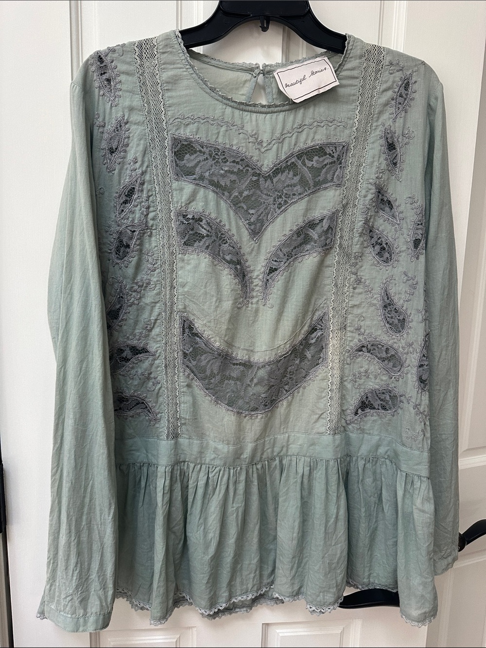 Embroidered Peplum Tunic in Light Sage - Women